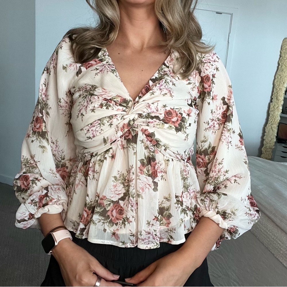 Vici Cream Floral Blouse with Pink and Green Accents